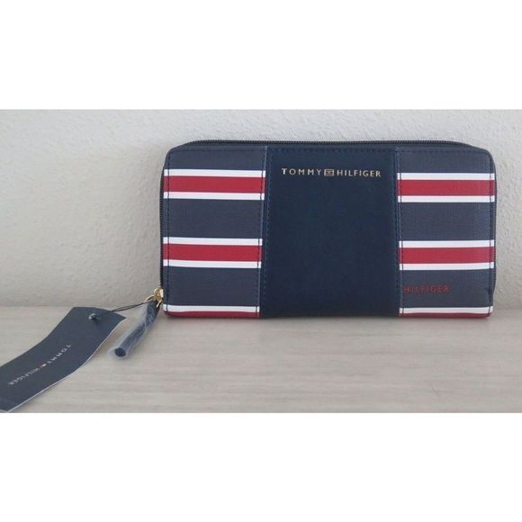 Tommy Hilfiger 69J47125 Women Red/Navy/White Striped Zip Around Phone Wallet $70 - Picture 1 of 12